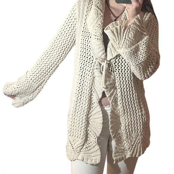 Hand Knit by Dollie Boho Ruffle Knit Cardigan Sweater M Merino Wool Cashmere - Picture 3 of 10